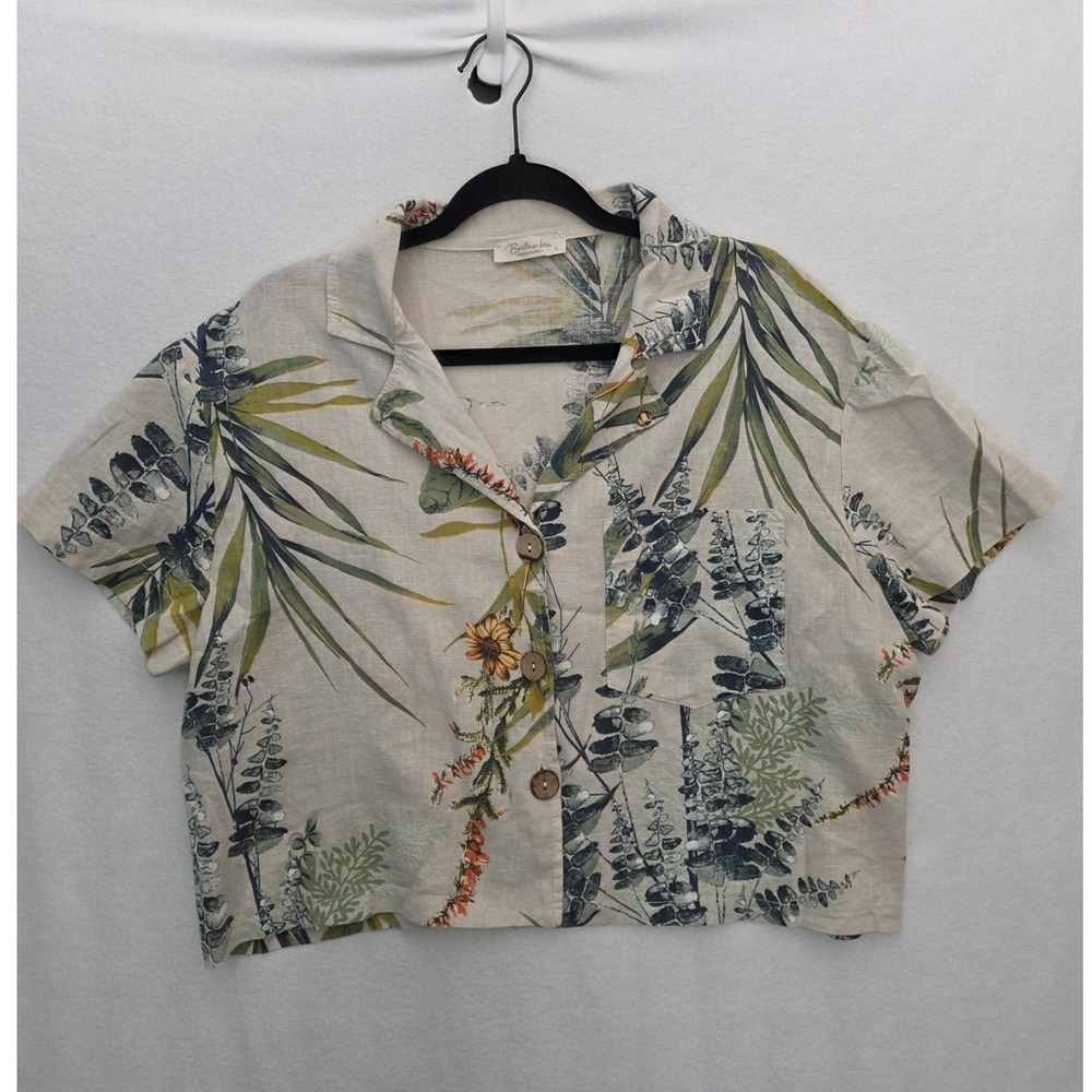 Bellambra Italy Botanical Linen Cotton Crop Shirt L Beige Floral Coastal Camp